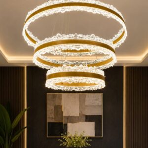 Triple Crystal Ring LED Chandelier – Luxury Modern Gold Pendant Light