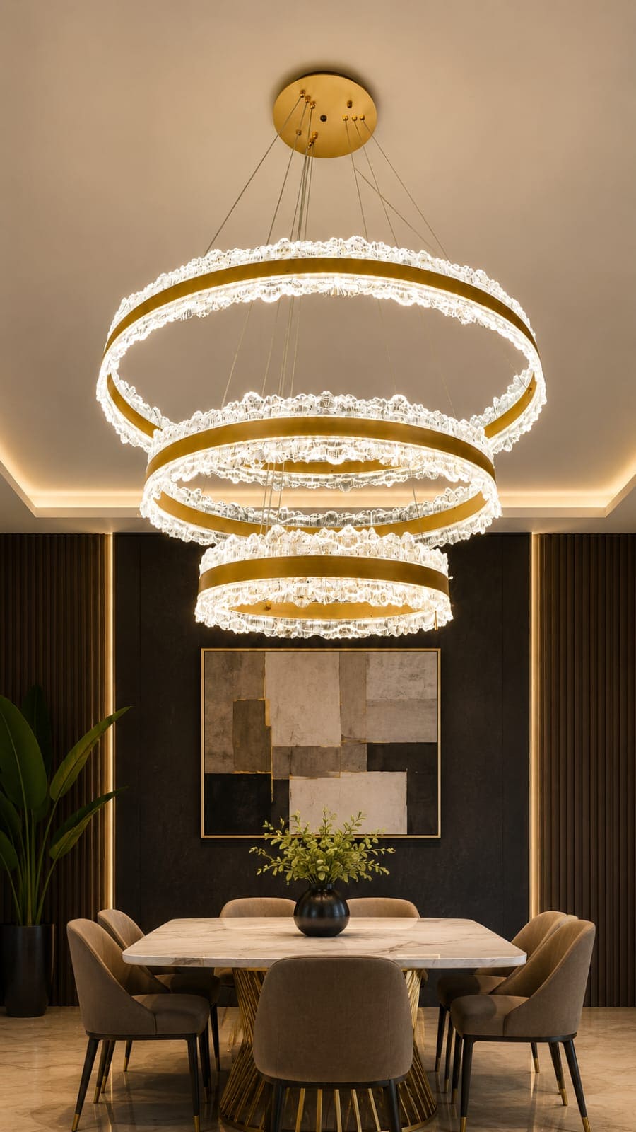 Triple Crystal Ring LED Chandelier – Luxury Modern Gold Pendant Light