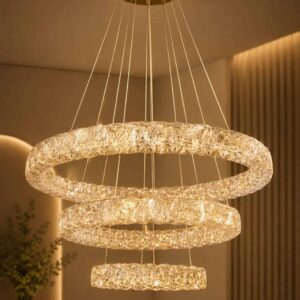 3-Ring Textured Crystal LED Chandelier - Gold FinishProduct