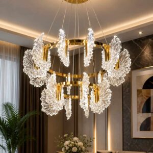 Luxury Gold Crystal Leaf Ring Chandelier – Modern LED Hanging Light