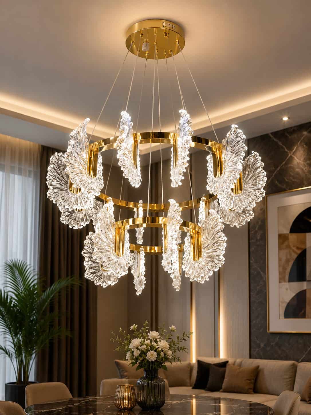 Luxury Gold Crystal Leaf Ring Chandelier – Modern LED Hanging Light