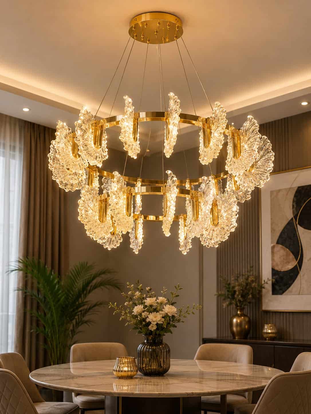 Luxury Crystal Ginkgo Leaf Chandelier – Gold Multi-Tier LED Hanging Light
