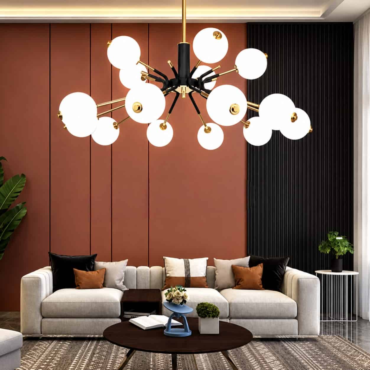 Modern Globe Chandelier – Black & Gold Finish (15 Light)