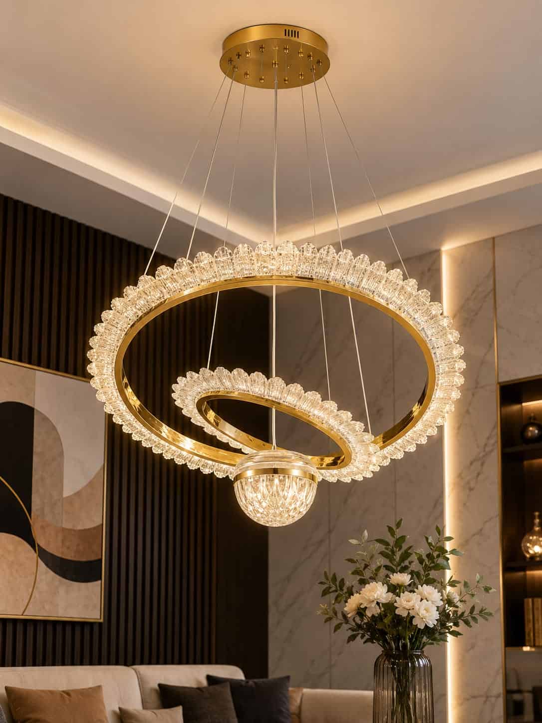 Premium Dual Ring Crystal LED Chandelier – Gold Finish