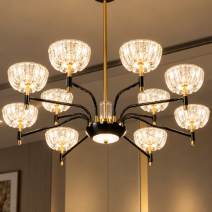 Modern 12-Light Black & Gold Crystal Chandelier