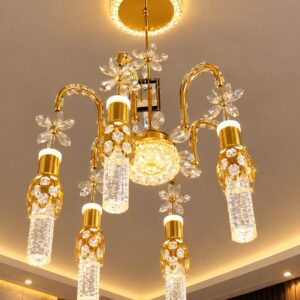 Luxury Gold Floral Crystal Hanging Chandelier